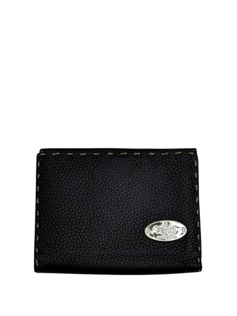 FENDI - BLACK PEBBLED LEATHER COMPACT TRIFOLD SNAP WALLET “SELLERIA”